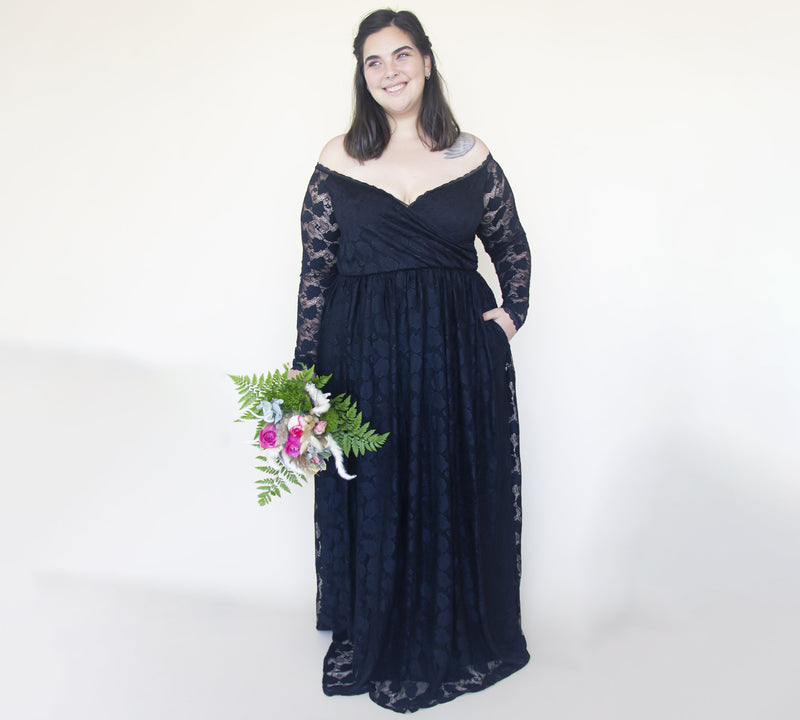 Black Sweetheart Train Off the Shoulder Lace Wrap Wedding Dress  With Pockets  #1335