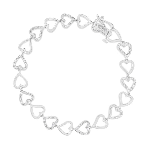 .925 Sterling Silver 1/2 Cttw Diamond Alternating Heart Link Bracelet (I-J Color, I2-I3 Clarity)- Size 7.25" Inches