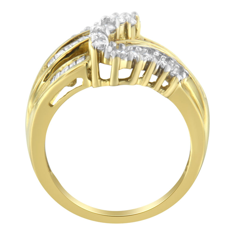 10K Yellow Gold Round and Baguette Cut Diamond Bypass Ring (1 Cttw, J-K Color, I2-I3 Clarity) - Size 8