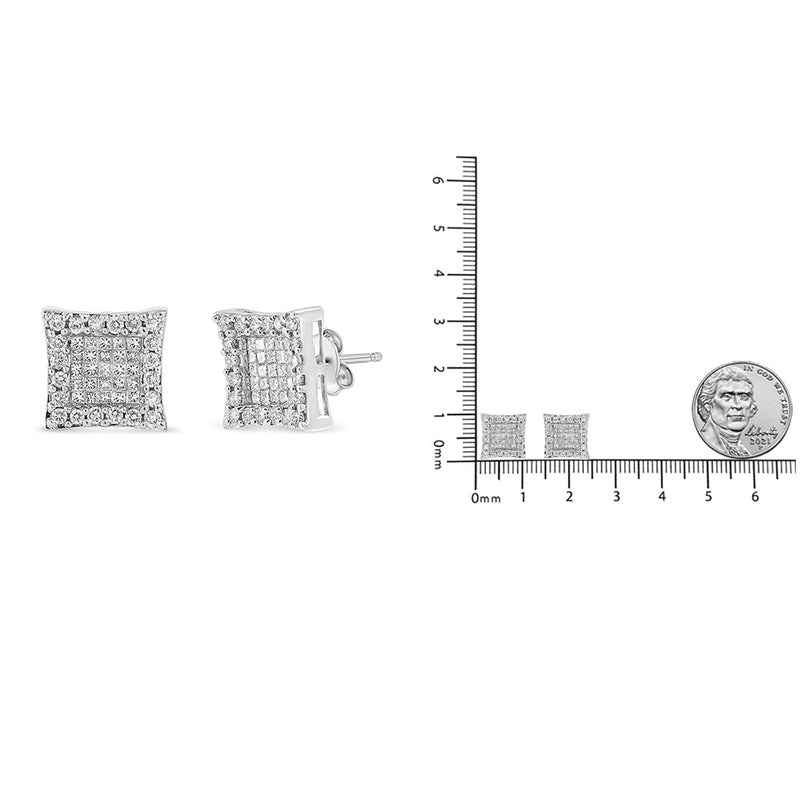 14K White Gold 1.00 Cttw Princess and Round-Cut Diamond Square Stud Earrings (G-H Color, SI1-SI2 Clarity)