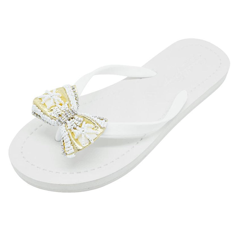 Gold and Pearl Bow-Rhine Stone Embellished Women's Flat Flip Flops