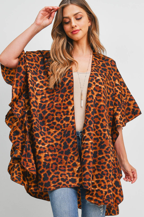 Ms0118br - Brown Leopard Ruffle Kimono