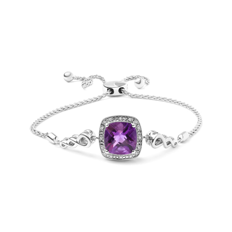 .925 Silver Amethyst Gemstone & Diamond 4”-10” Adjustable Bolo Bracelet