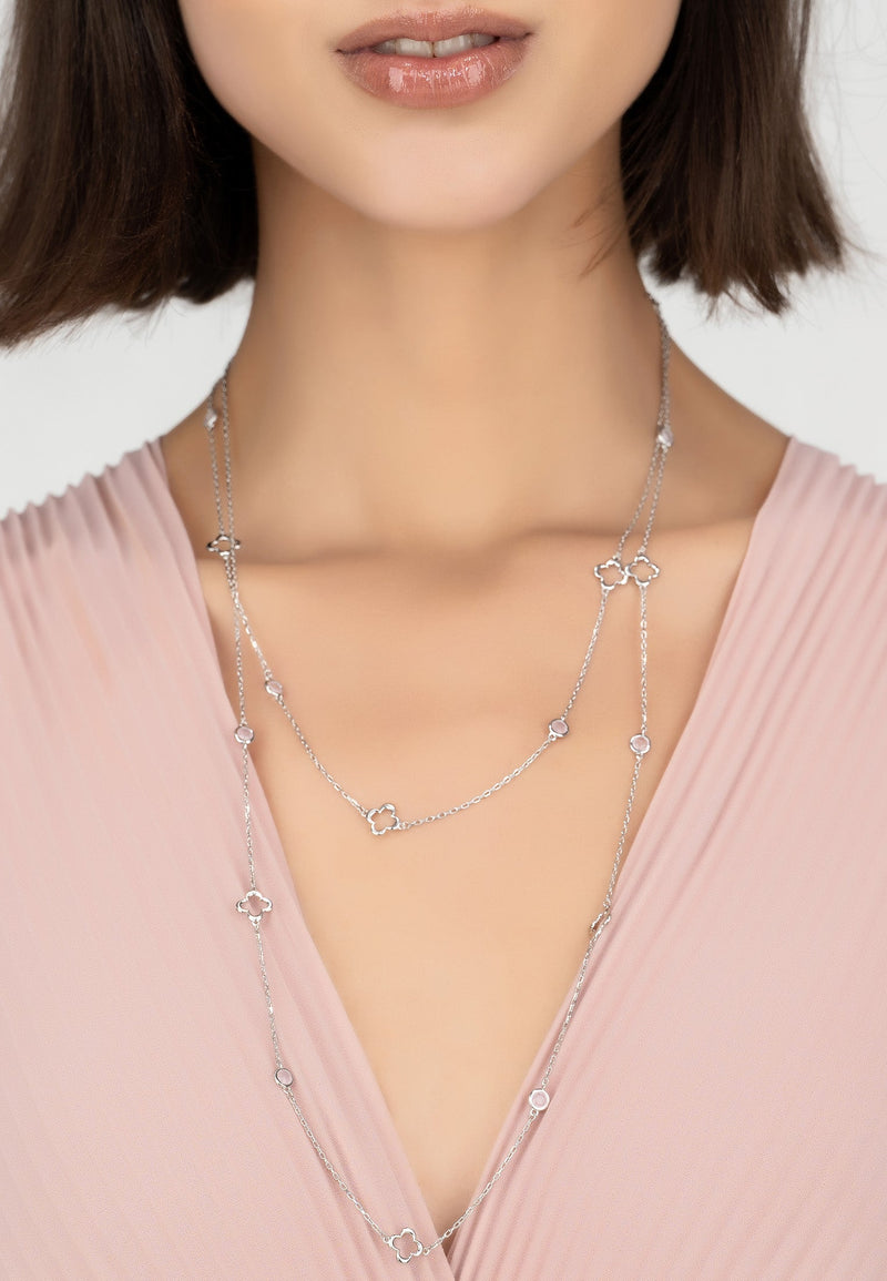 Open Clover Long Gemstone Necklace Silver Rose Quartz