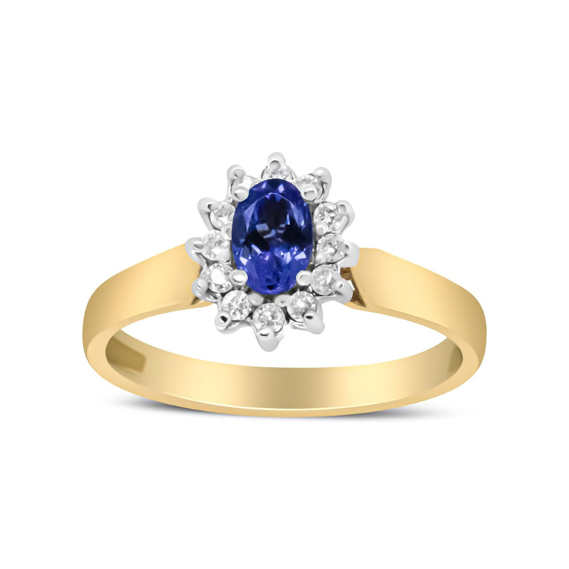 14K Yellow Gold 1/5 Cttw Round Diamond and 6x4mm Oval Blue Tanzanite Halo Ring (H-I Color, I1-I2 Clarity) - Size 7.75