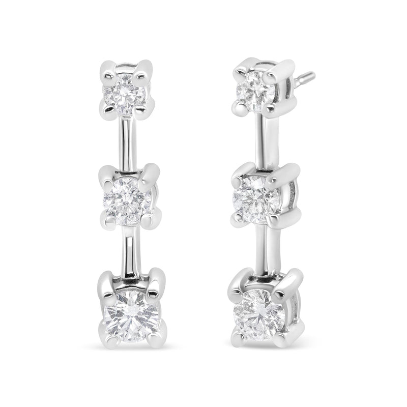 14K Yellow Gold 1/2 Cttw Round Diamond 3 Stone Graduated Linear Drop Past, Present and Future Stud Earrings (H-I Color,