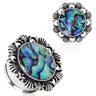 316L Stainless Steel Ornate Plug With Natural Abalone Inlay