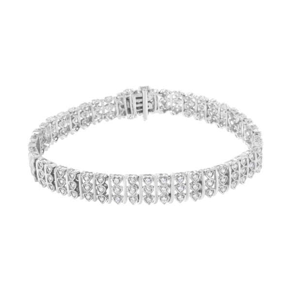 .925 Sterling Silver 1 1/2 Cttw Round Diamond 3 Row Heart Link Bracelet (I-J Color,I3 Clarity) - 7.25 "
