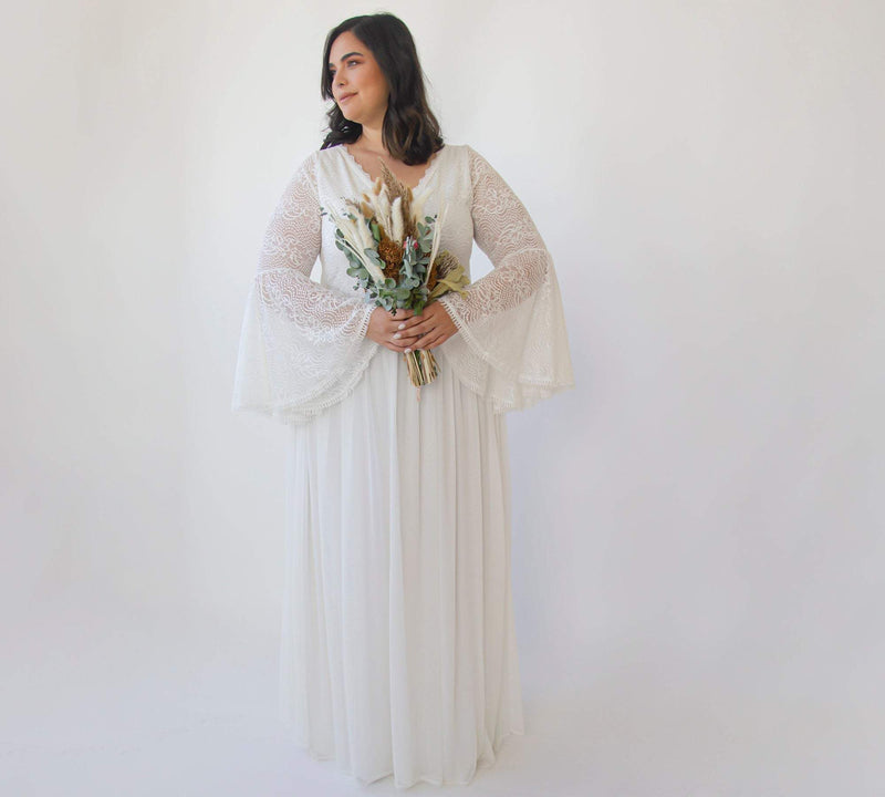 Curvy  Bohemian Ivory Vintage Style Wedding Dress  With Bell Sleeves  1326