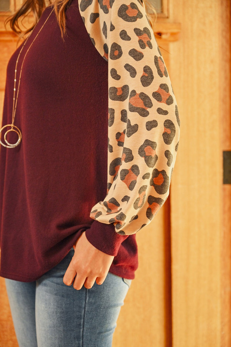 Leopard Puff Sleeved Solid Hacci Top