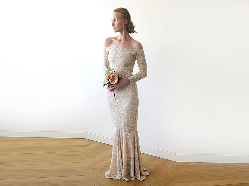Champagne Lace Off-Shoulders  Mermaid  Dress  #1214