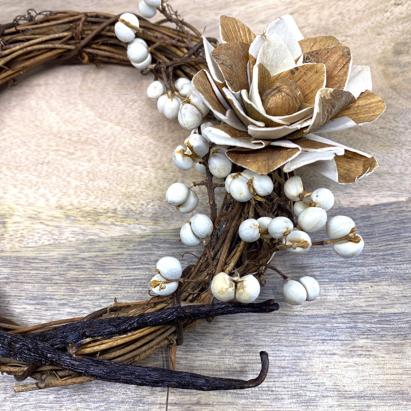 Vanilla Bean, Grapevine Wreath Ornaments With Dried Flowers, 6”