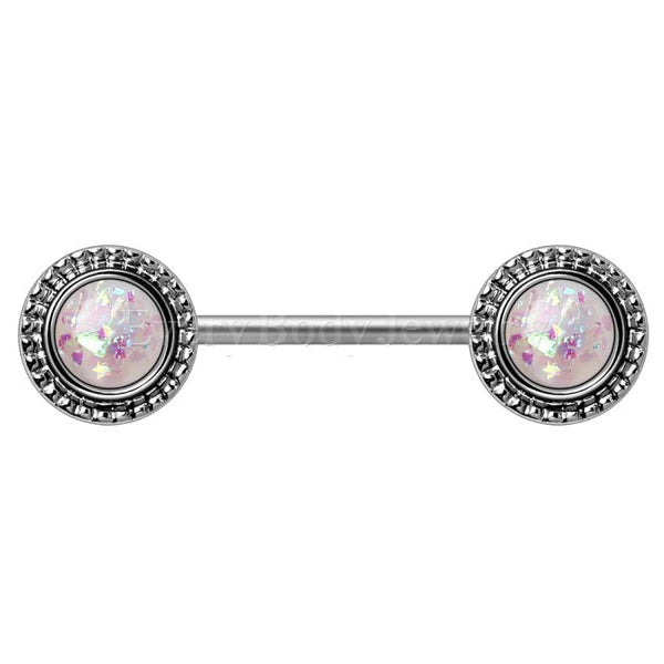 316L Stainless Steel Ornate White Synthetic Opal Nipple Bar