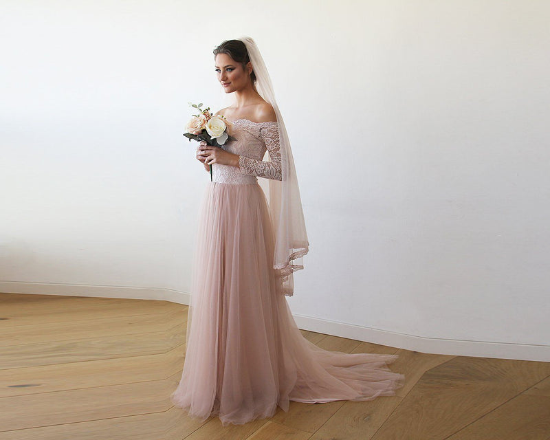 Pink Off-The-Shoulder Lace and Tulle Train Wedding Gown 1162