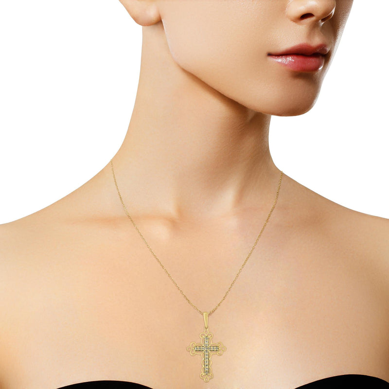 10K Yellow Flashed .925 Sterling Silver 1/4 Cttw Champagne Diamond Filigree Cross Pendant Necklace (K-L Color, I1-I2 Cla