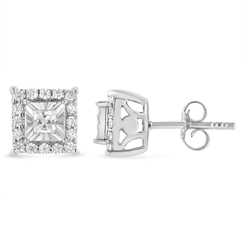 .925 Sterling Silver 1/4 Cttw Princess and Round Cut Diamond Halo Stud Earrings (I-J Color, I2-I3 Clarity)