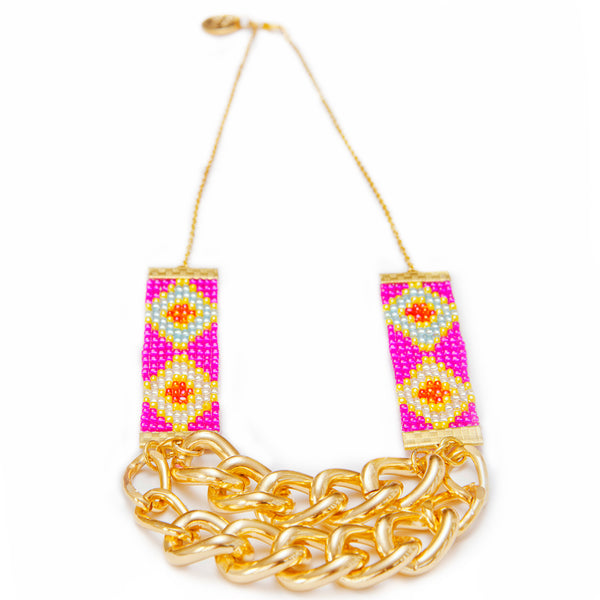Priestess Woven Beaded Necklace - Pink and Gold