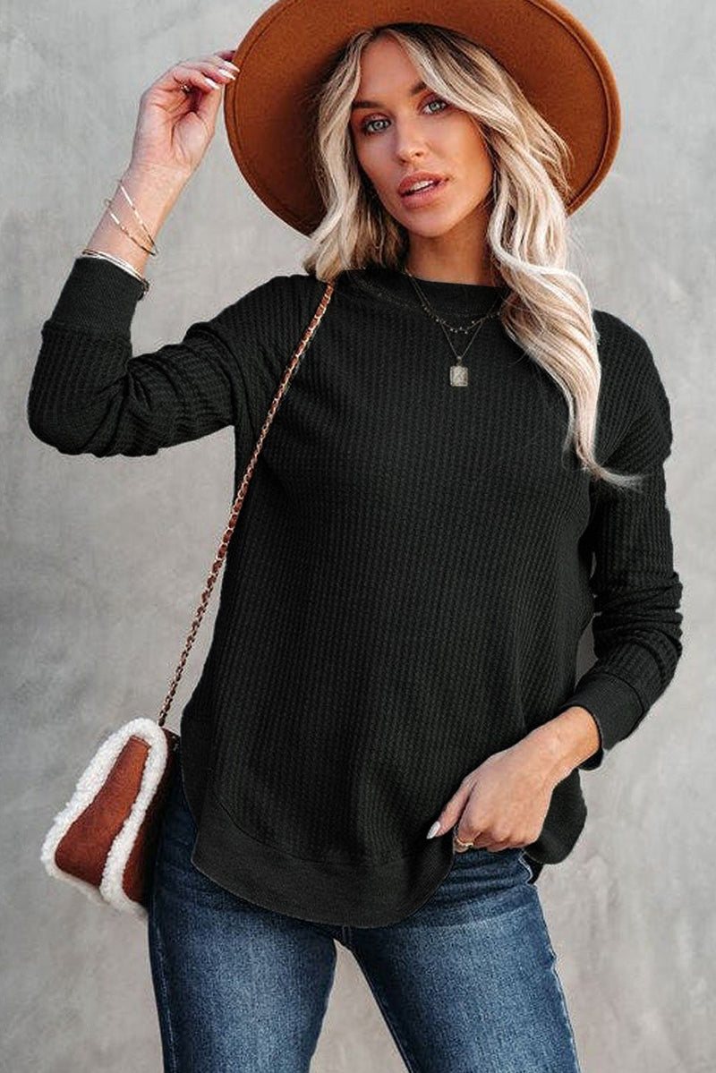 Isabelle Crew Neck Ribbed Trim Waffle Knit Top