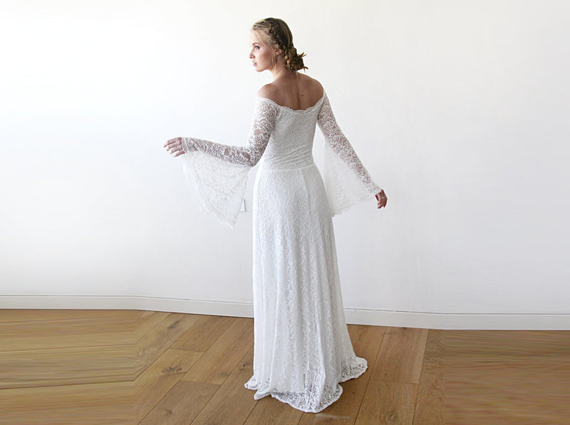 Long Bell Sleeve Lace Wedding Dress, Off-Shoulders Lace Boho Wedding Dress, Bohemian Ivory Wedding Dress, Elopement Lace