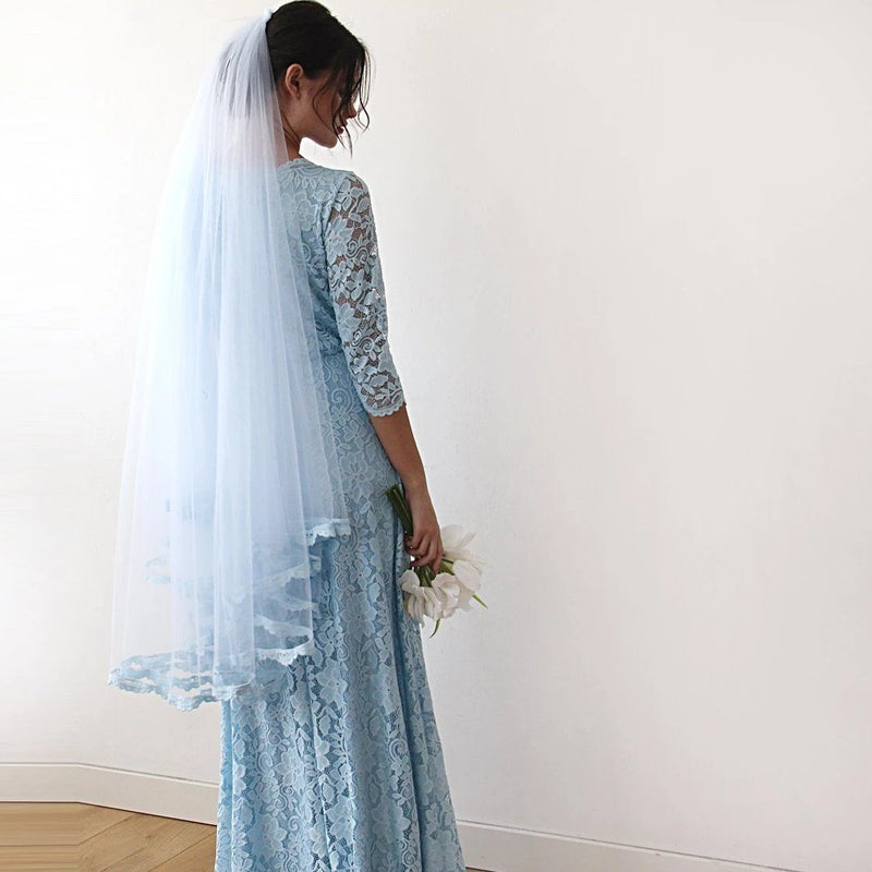 Light Blue Lace Three Quarters Sleeve Wedding Maxi Dress 1124