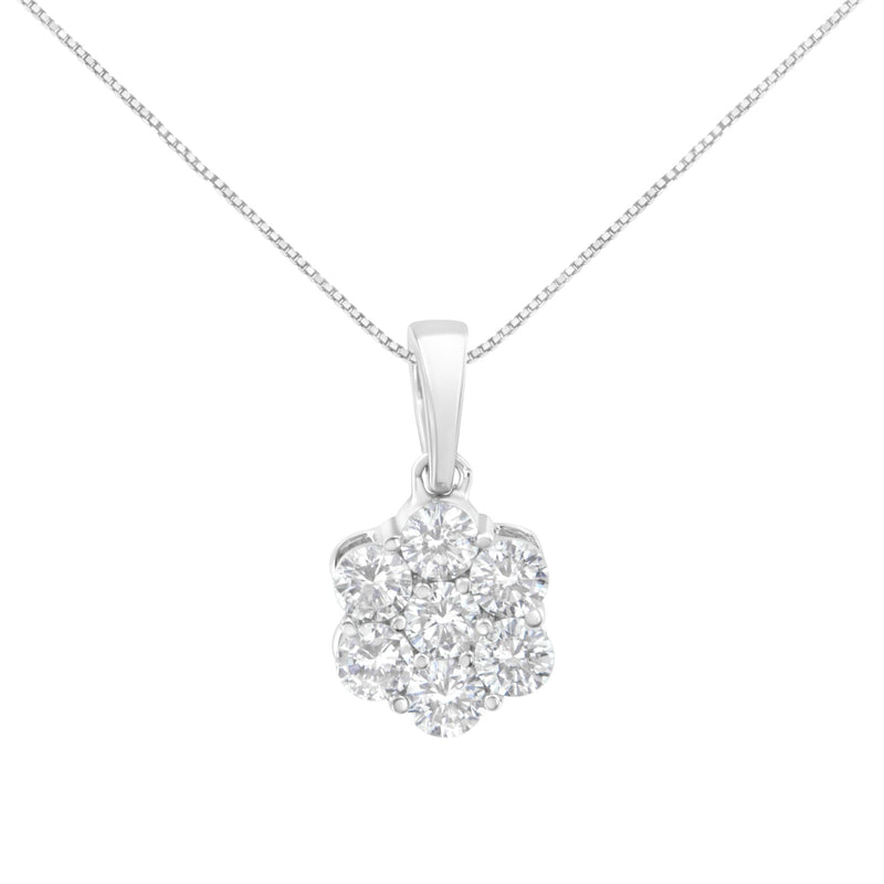 14K White Gold 1 Cttw Brilliant Round-Cut Diamond 7 Stone Flower 18" Pendant Necklace (F-G Color, VS1-VS2 Clarity)