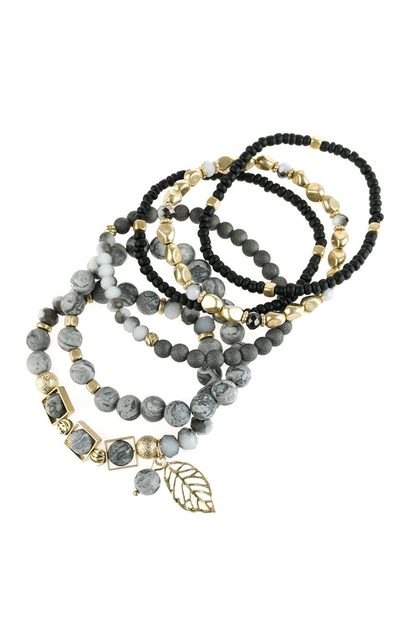 Hdb2929 - Natural Stone Mixed Beads Leaf Charm Bracelet
