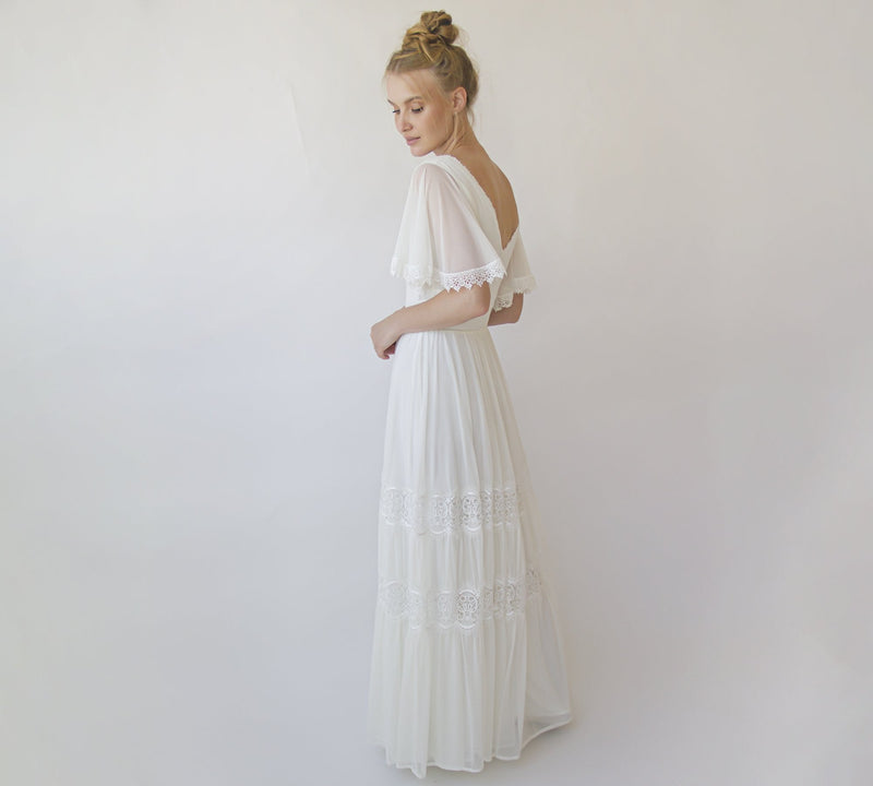 Romantic, Vintage Butterfly Chiffon Sleeves Ivory Wedding Dress #1348