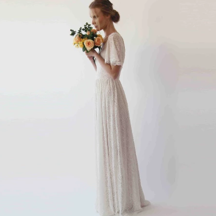 Cape Sleeves Lace Bohemian Wedding Dress, Ivory Color 1232