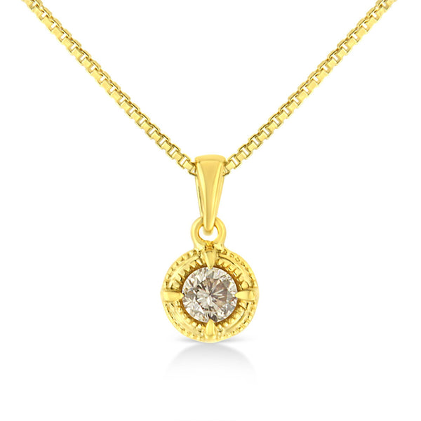 14K Yellow Gold Plated .925 Sterling Silver 1/2 Cttw Brilliant Round Cut Diamond Solitaire Milgrain 18" Pendant Necklace