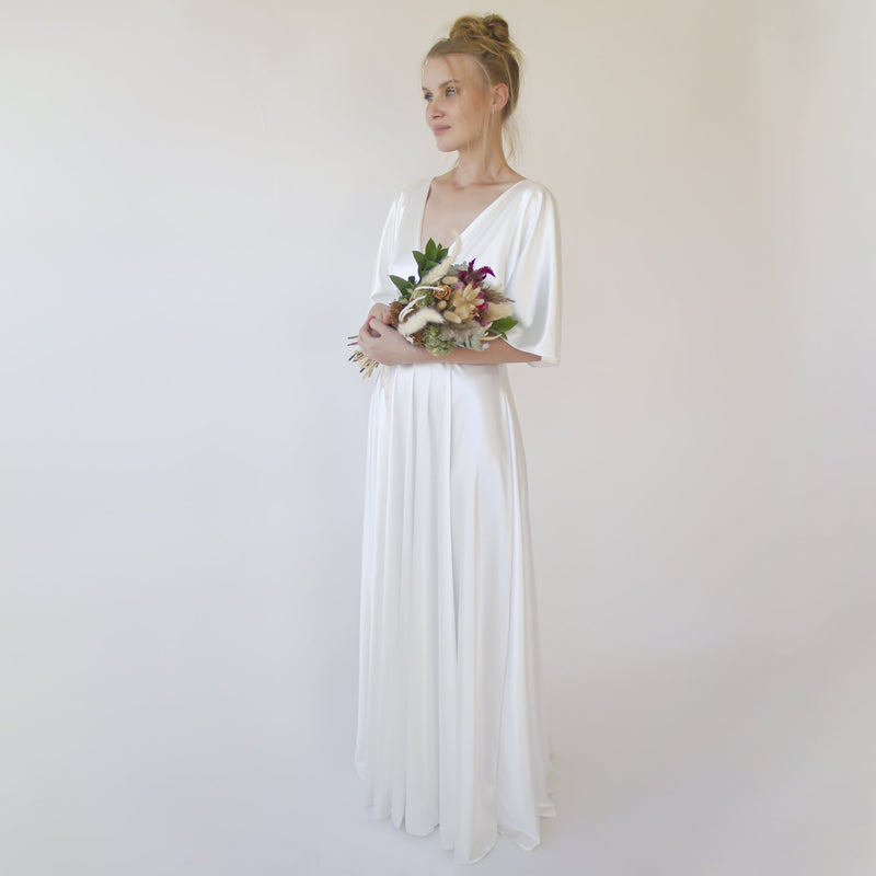 Deep v Neckline Bat Sleeves  Minimalist Wedding  Dress #1350