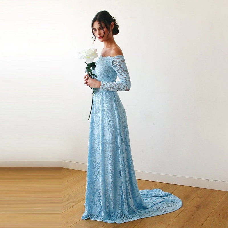 Light Blue Off-The-Shoulder Floral Lace Long Sleeve Gown With Train 1148