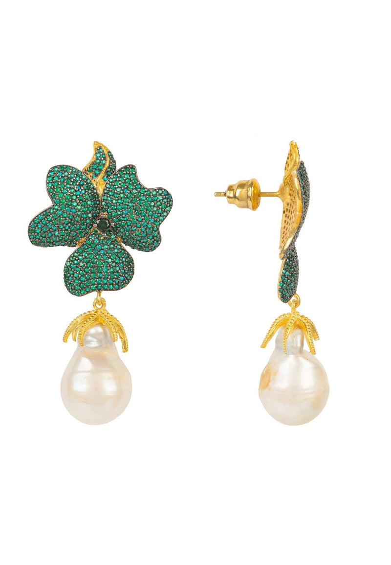 Baroque Pearl Emerald Green Flower Earrings Gold