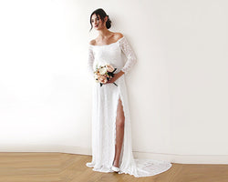Ivory Wedding Dress With a Slit & Train Off-The-Shoulder Floral Lace Long Sleeve Train Wedding Dresses 1179