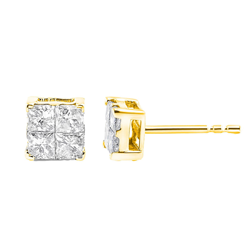 10K Yellow Gold Plated .925 Sterling Silver 1.0 Cttw Princess-Cut Diamond Composite Multi Stone Stud Earrings (J-K Color