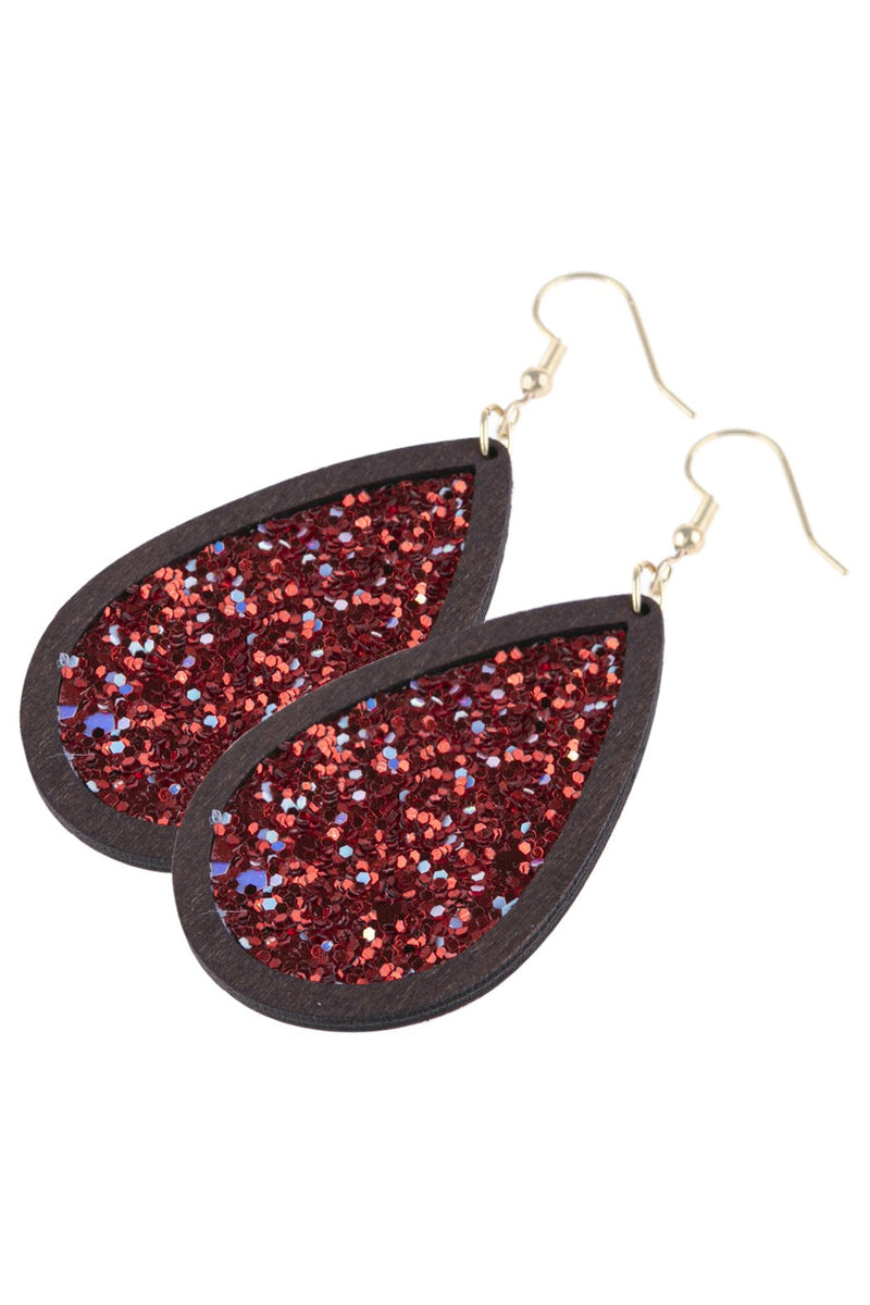 Hde3062 - Sequin Glitter Wood Teardrop Hook Earring