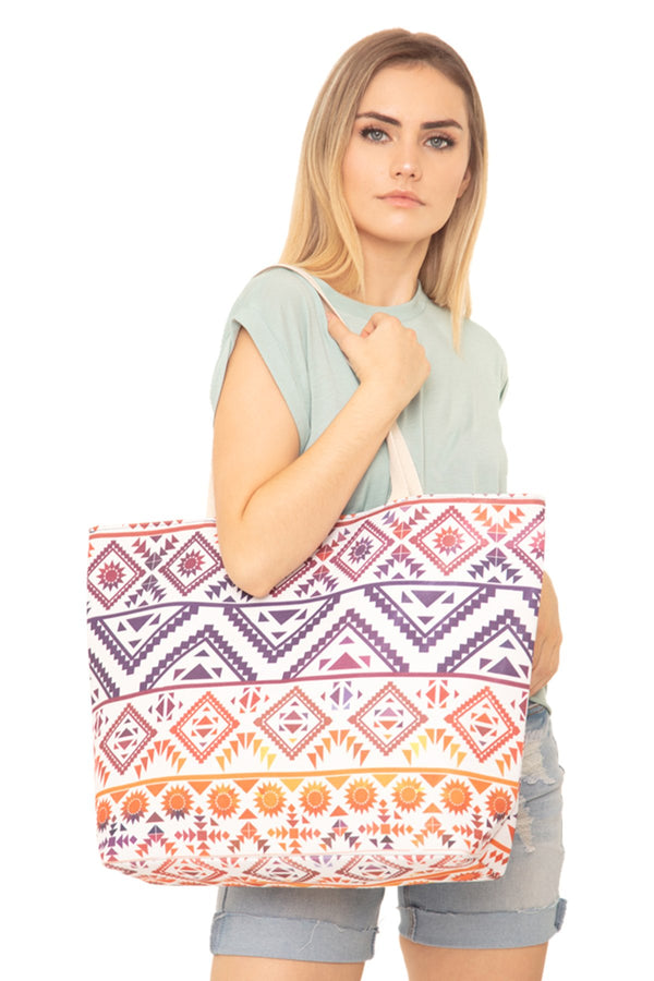 Mb0122nv-Rd - Navy Red Colorful Tribal Tote Bag