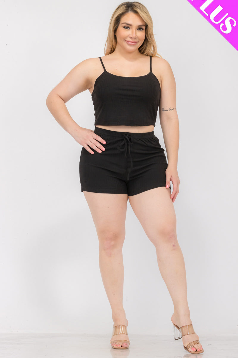 Plus Size Solid Ribbed Cami Top and Shorts Set (CAPELLA)