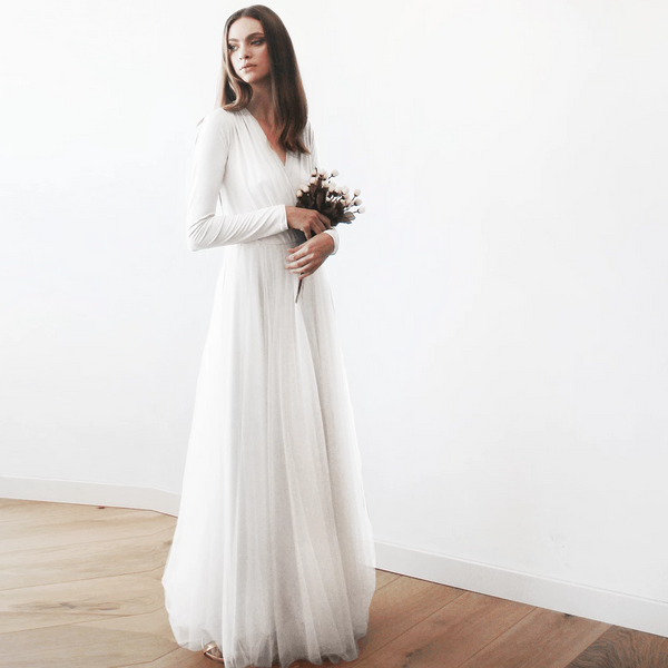 Ivory Maxi Tulle Dress With Long Sleeves 1066