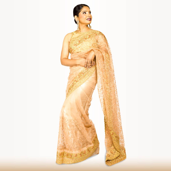 Light Weight Saree With Gold Border - Biege