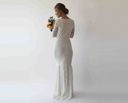 Wrap Mermaid Wedding Dress, Ivory Bohemian Wedding Dress 1255
