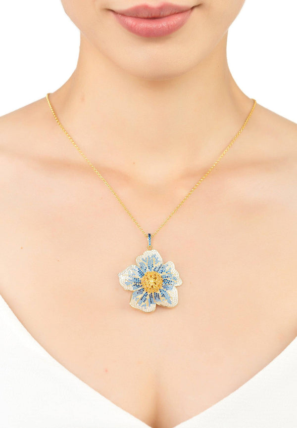 Pansy Flower Blue Necklace Gold