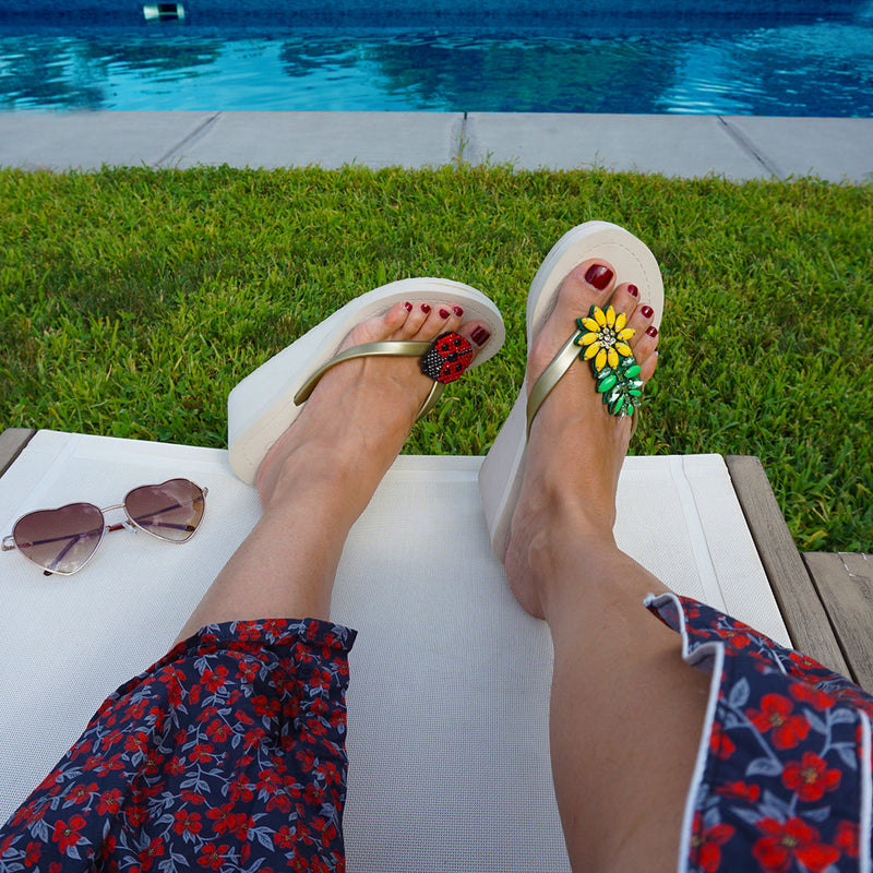 Ladybug & Daisy -  Embellished Motifs Women's High Wedge Flip Flops Sandal