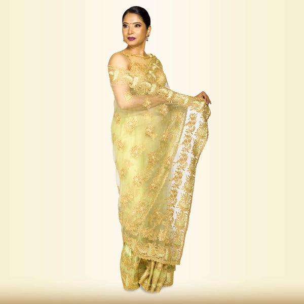 Light Weight Pure Net Embroidered Saree - Green