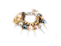 Handmade Pearl Cuff Bracelet and Gold Chains, Rhinestones, Gold Charms, Pointed Studs. Trendy Jewelry, Trendy Bracelet.