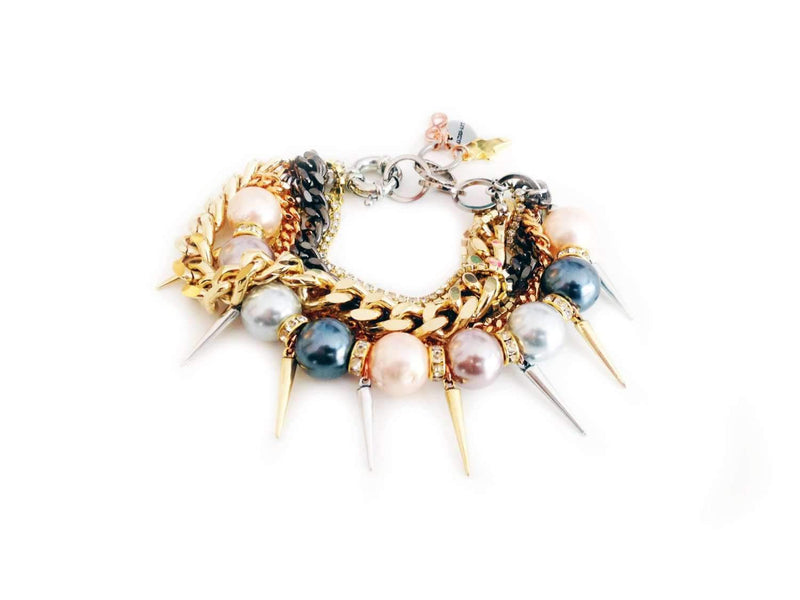 Handmade Pearl Cuff Bracelet and Gold Chains, Rhinestones, Gold Charms, Pointed Studs. Trendy Jewelry, Trendy Bracelet.