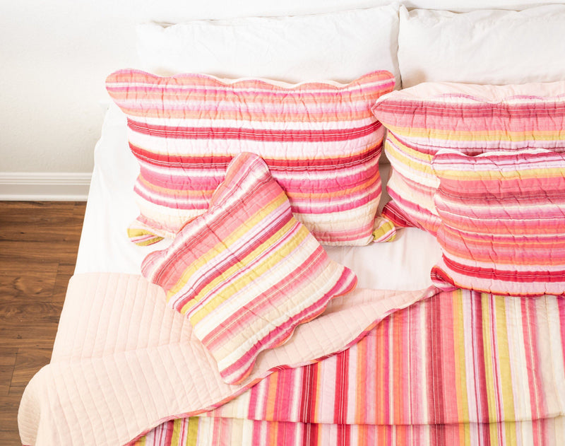 DaDa Bedding Happy Stunning Stripes Red & Pink Scalloped Coverlet Bedspread Set (DXJ101824)
