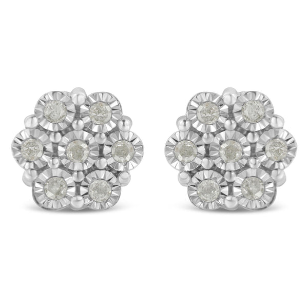 .925 Sterling Silver 1/2 Cttw Round-Cut Diamond Miracle-Set Floral Cluster Button Stud Earrings (I-J Color, I2-I3 Clarit