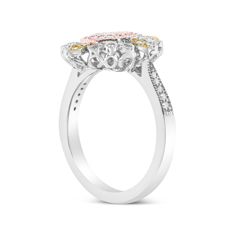 14K Tri Gold 1/4 Cttw Diamond Art Deco Style Halo Cocktail Ring (H-I Color, VS1-VS2 Clarity) - Ring Size 7