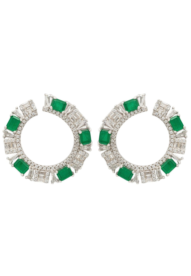Freya Baguette Hoop Earrings Silver Emerald