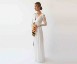 Long Sleeves Wrap Lace Wedding Dress With Chiffon Skirt , Ivory Lace ,Bohemian Wedding Dress, 1256